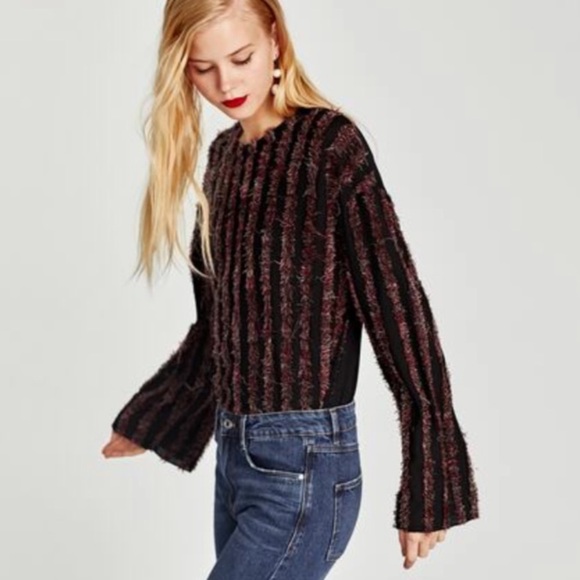 NWT! Zara eyelash fringe wine striped black long sleeve tee. Size S - Picture 3 of 7